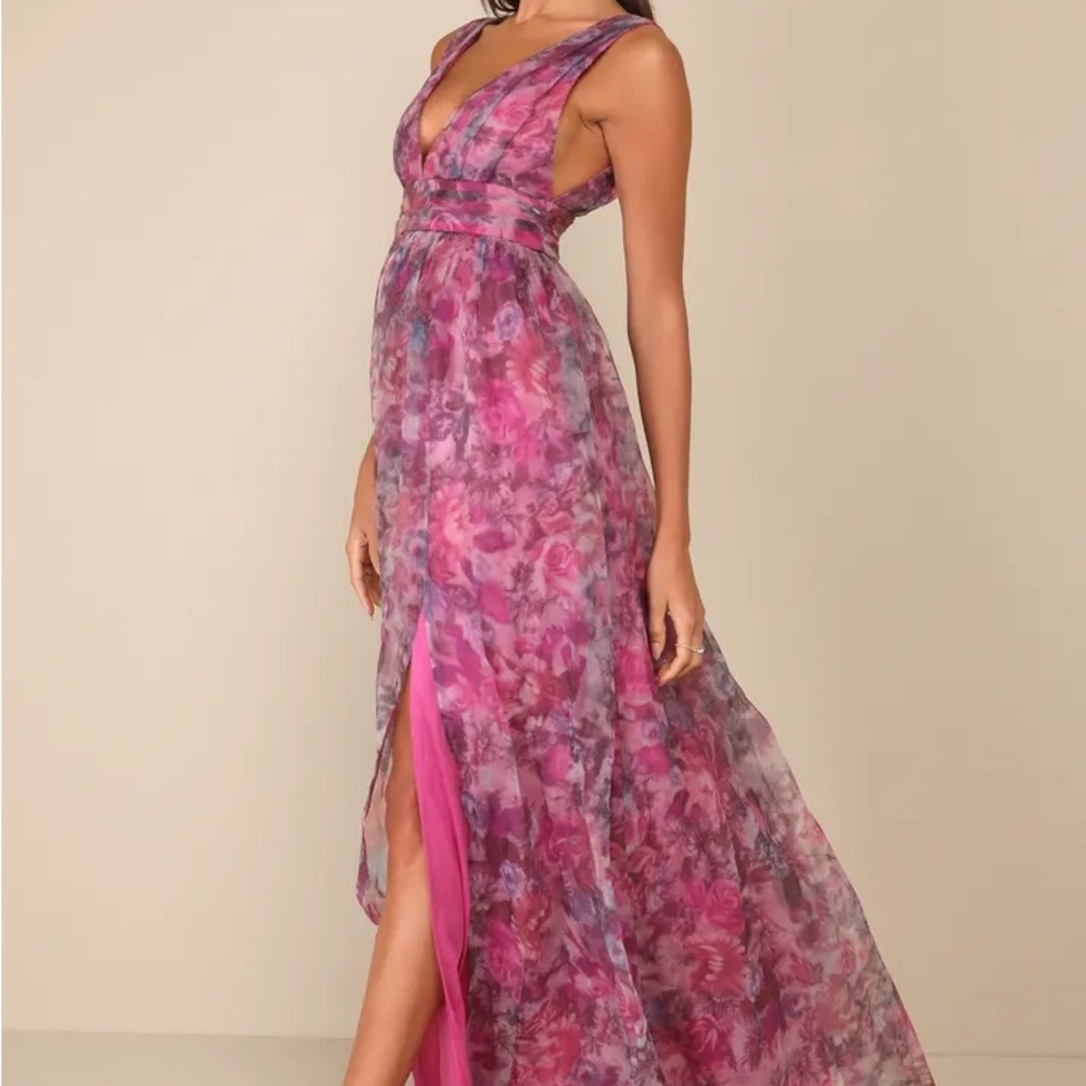 Lulus - Garden Romance Magenta Floral Print Organza Maxi Dress